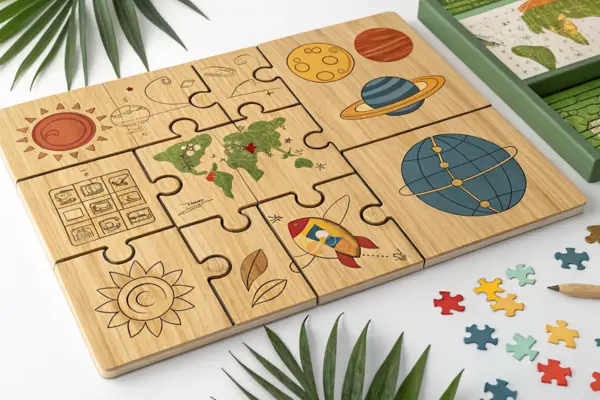 quebra-cabeça gigante com peças de bambu e designs pedagógicos