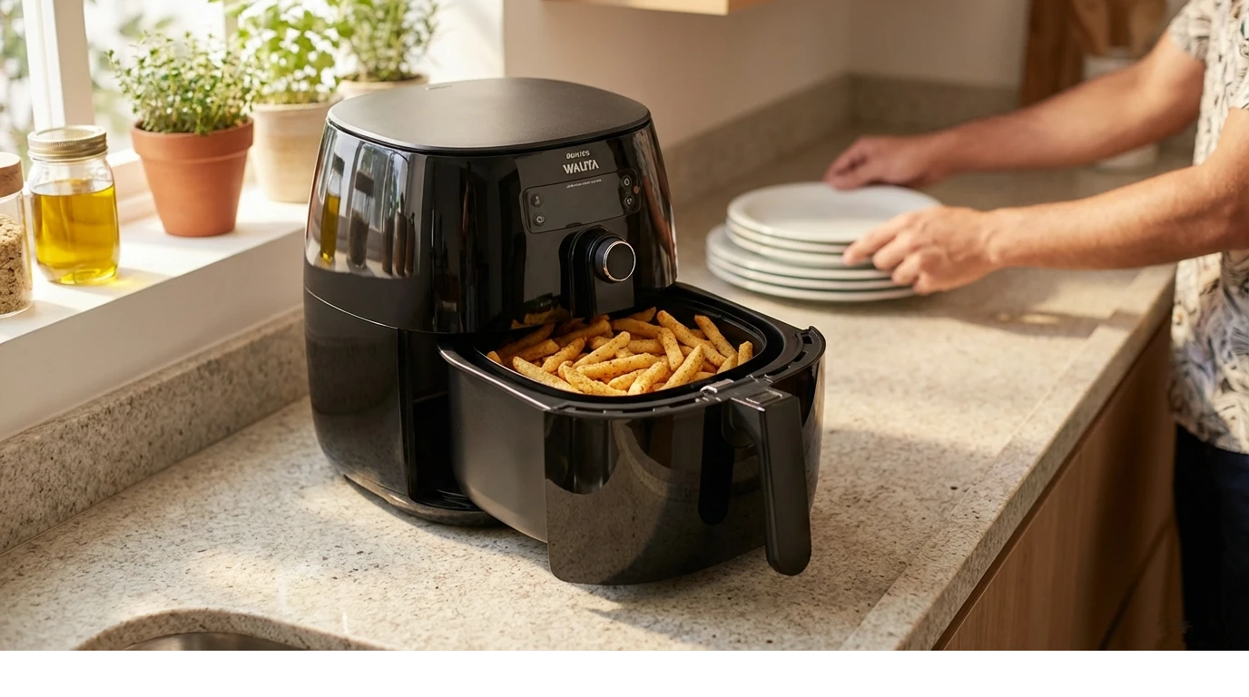 Air Fryer Philips Walita em uso em bancada de testes culinários – Review completo 2026 com avaliações práticas