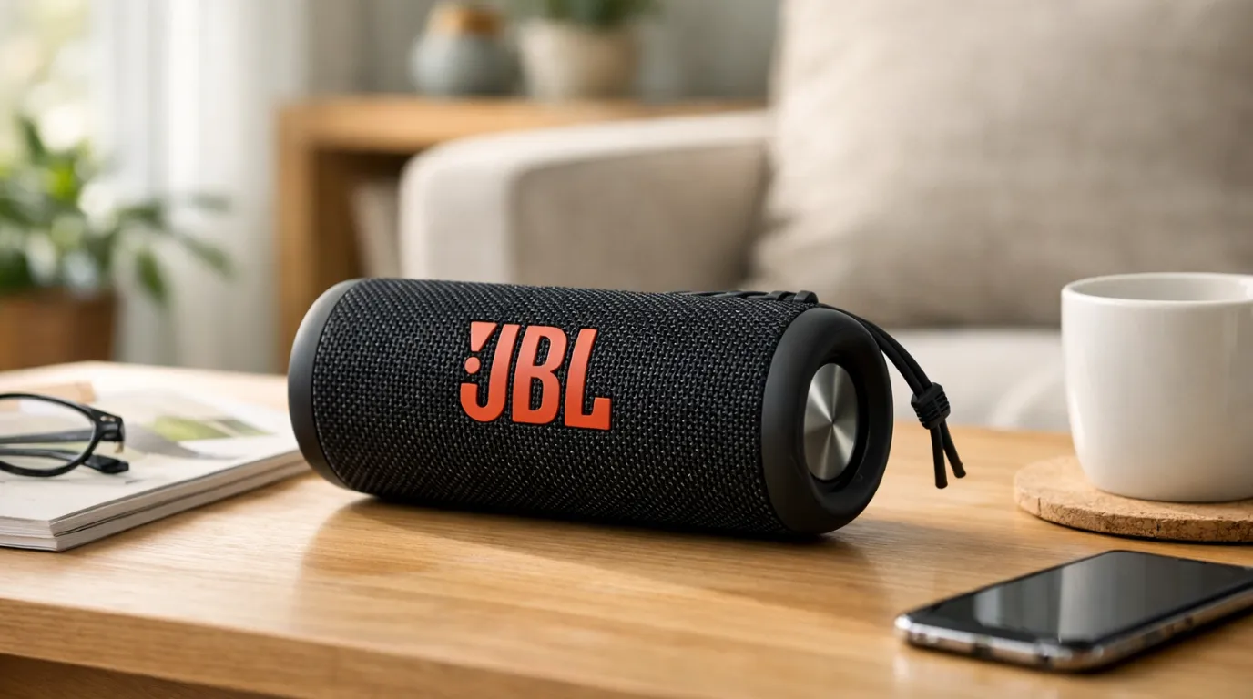 JBL Flip 6 em funcionamento em sala de estar moderna, destacando design, portabilidade e uso no dia a dia
