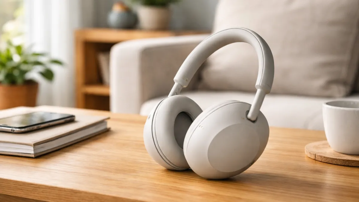 Fone de ouvido Sony WH-1000XM5 em uso real, modelo over-ear com cancelamento de ruído, sendo utilizado em ambiente interno
