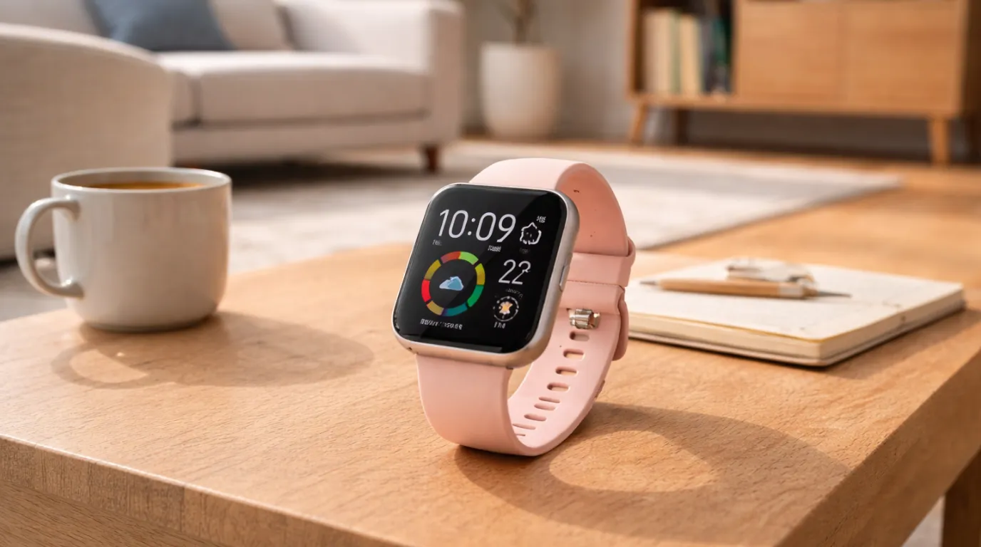 Amazfit Bip 5 exibindo tela ativa em sala clean com iluminação natural – Avaliação detalhada 2026.