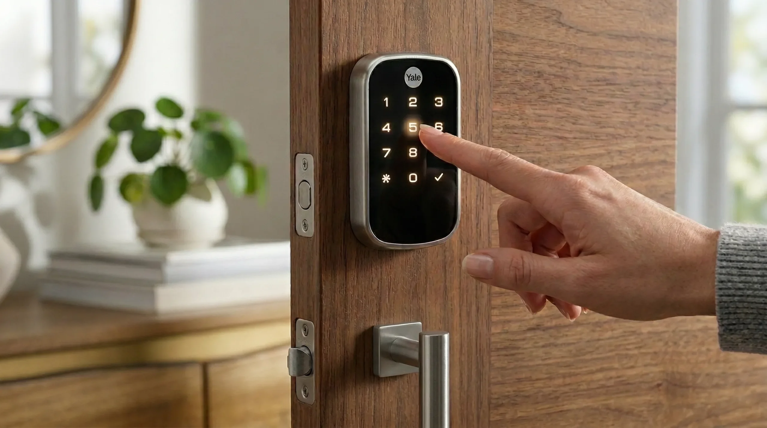 Mão digitando código no teclado iluminado da fechadura inteligente Yale Assure Lock 2 para destravar a porta.